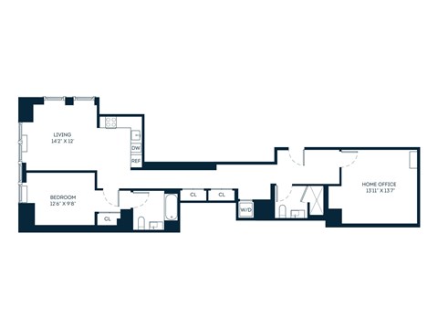 Floor plan for 1 bed, 2 baths, 1098 sqft